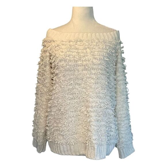 Forever 21 Off The Shoulder Sweater Cream Shaggy Loop Knit‎ Long Sleeves S - Picture 1 of 7